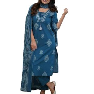 PARTHVI|Women's Pure Cotton Printed with Handwork Kurta with Pants and Dupatta Set | Ethnic Set | Suit Set | Kurta Set | Wedding Suit Set